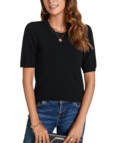Image of Womens Short Sleeve Sweaters Tops Crew Neck Pullover Shirt Lightweight Knit Sweater Blouse