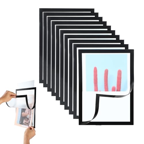 wenrescry Cornici magnetiche autoadesive A4 - Set di 8 (4 nere e 4 argento), display impermeabile, PVC trasparente, documenti magnetici, copertine per foto e poster, adatte per pareti, finestre