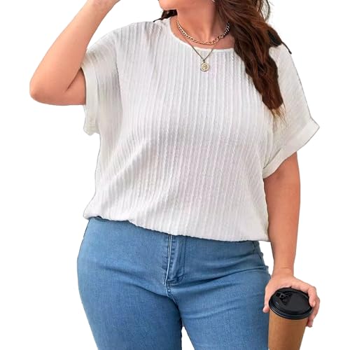 Camiseta con cuello redondo de gran tamaño para mujer, camisa con cordón de canalé suave y cómodo, cuello redondo de punto grande, manga corta, blanco, XXX-Large