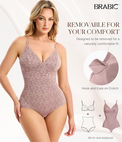 Image of BRABIC Lace Bodysuit for Women Tummy Control Shapewear Sleeveless Tops V-Neck Backless Camisole Jumpsuit Shaper
