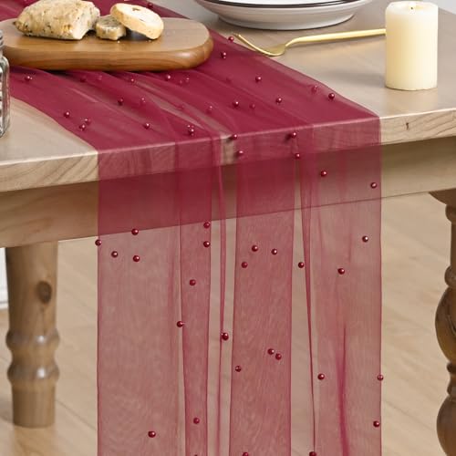 Artoid Mode Pearl Burgundy Gauze Table Runner 120 Inch 10FT, Seasonal Sheer Dining Holiday Wedding Birthday Baby Shower Table Decor for Home Party by Artoid Mode - Used condition - US$8.99