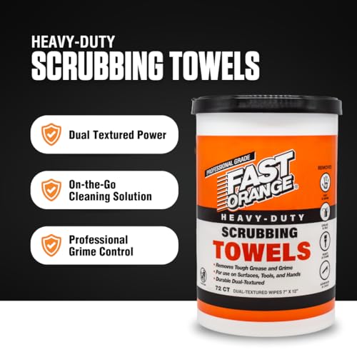 Image of Fast Orange Heavy Duty Scrubbing Towels Removes Tough Grease, Grime, Paint, Resins, Glue and More, for Hands, Tools and Surfaces Without Sticky Residue, 72 ct