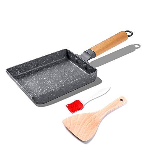 Tamagoyaki Pan Square Japanese Omelette Pan,Non-stick Egg Roll Pan,Rectangle Frying Pan Wood Handle,with Silicone Brush & Solid Wood Spetula,Grey