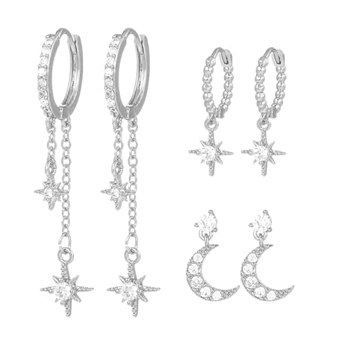 PAASTAI 3 Pairs Moon Star Earrings Set for Women,Hoop stack earrings,Chain hoop earrings for Multiple Piercings
