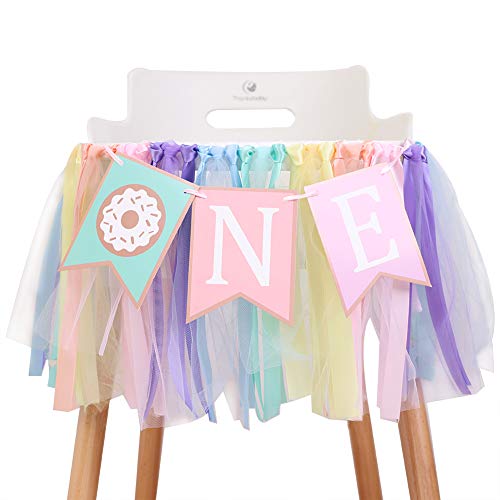 Image of Donut 1 to 2 Years Old Birthday Banner - Donut Theme Birthday High Chair Banner, a Soft Rainbow Ribbon Tutu Group, Sweet Days, Leaving a Wonderful Party Time, Perfect Party Decoration. (Donut 1)