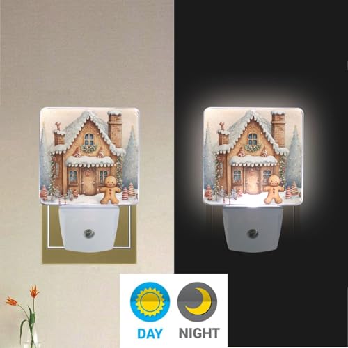Image of Christmas Gingerbread with House Night Lights 2 Pack Plug-in Wall Led Nightlight Auto Dusk-to-Dawn Sensor Lamps for Bedroom Kitchen Bathroom