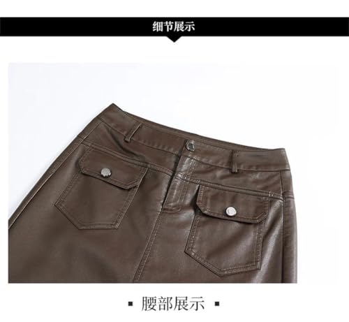 Women Leather Bodycon Skirts Front Slit Elastic Waist Straight Skirt2