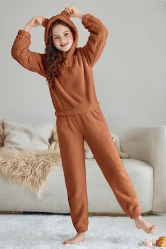 Image of Arshiner Girls 2 Piece Outfits Sweatsuit Fuzzy Long Sleeve Bear Ear Hoodie Sweatshirt and Sweatpant Kids Clothing Sets