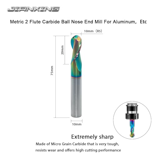 Image of 10mm R5 DLC Coated 2-Flute Carbide Ball Nose End Mill, Ideal for Aluminum, Copper Alloys, and Plastic Machining - High Precision & Wear-Resistant Cutting Tool (1 Pack)