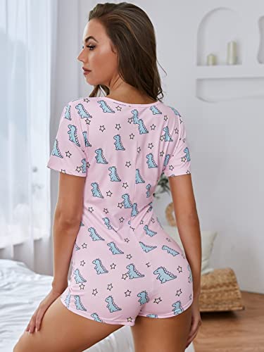Wdirara Women's Deep V Neck Long Sleeve Cartoon One Piece Pajamas Rompers Onesies Dinosaur And Star Print Pink M #TOP1
