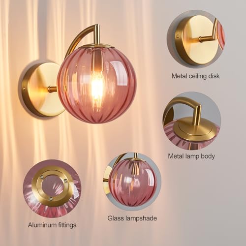 Image of Modern Red Glass Wall Sconces Indoor Nordic Striped Mini Wall Lamp Gold Finish Wall Light for Living Room Bedroom Bedside Hallway (1Pack)