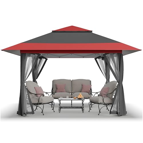 CROWN SHADES 13x13 Pop Up Gazebo, Canopy Tent, Gazebos on Clearance - Outdoor Gazebo for Backyard & Patio Furniture - Carpa Pop Up Tent with Wheeled STO-N-Go Cover Bag (Red & Grey)