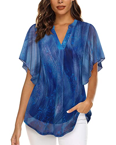 Image of Timeson Women's Short Sleeve V Neck Blouses Shirts Floral Double Layers Mesh Tunics Tops