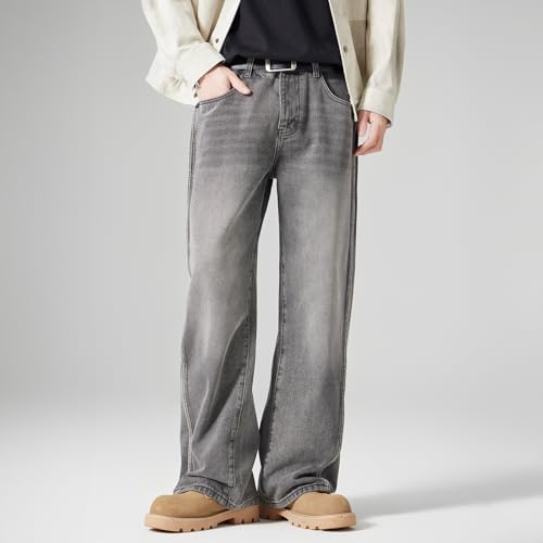Men's Straight Leg Denim Jeans,Grey, High Waist, Wide Leg, Distressed Streetwear Style, Casual Wear, 32x32 Inch2