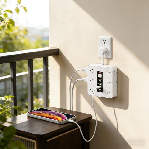 Diyeeni Protector eléctrico 16 en 1 con 12 tomas, 2 puertos USB C y 2 USB A, cable de 2 m miniatura 2
