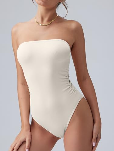 Image of OQQ Womens Tube Bodysuits Strapless Basic Sleeveless Ruched Stretch Classic-Fit Tops Sexy Bodysuits