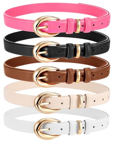 5 Pack Skinny Belts for Women Leather Waist Belts for Women Dresses with Gold Buckle for Ladies Pants Dresses