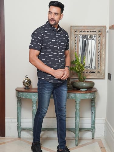 Image of Black Cotton Shirt with White Color Abstract Print | Lightweight Airflow Tech - Advanced breathable weave provides excellent ventilation during hot weather or parties.