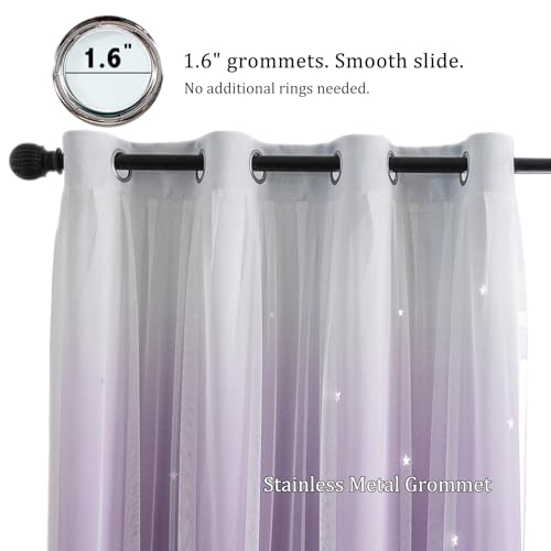 Image of indistar Dreamy Star Cutout Blackout Curtains with White Sheer,Double Layer Curtains for Girls Bedroom, Hollow Out Drapes for Nursery (2 Panel,52Wx63L,Dark Purple)