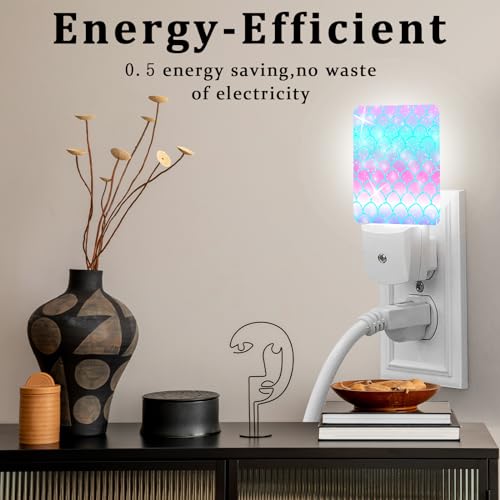 Image of Pink Mermaid Fish Night Light, Plug-into Wall Colourful Scale Wave Nightlight Lamp with Dusk to Dawn Sensor, Led Lamp 0.5W Energy Efficient for Boys Girls Adults Home Decor