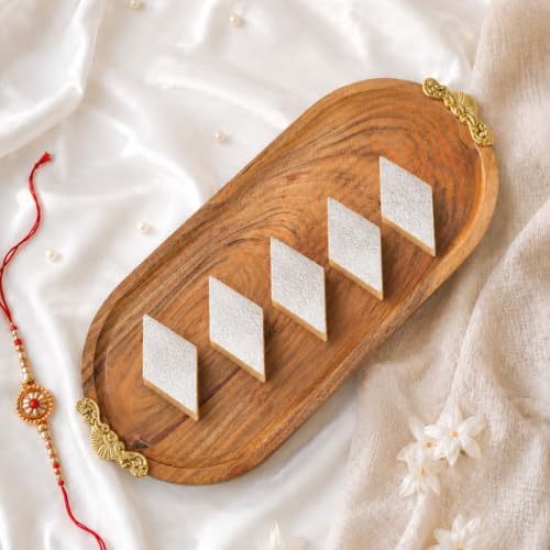 Image of BEHOMA Mango Wood Oval Serving Platter, Brass Motif, 32cm | Mango wood oval platter with brass motif, 32cm; festive serveware for Durga Puja & Navratri decor.