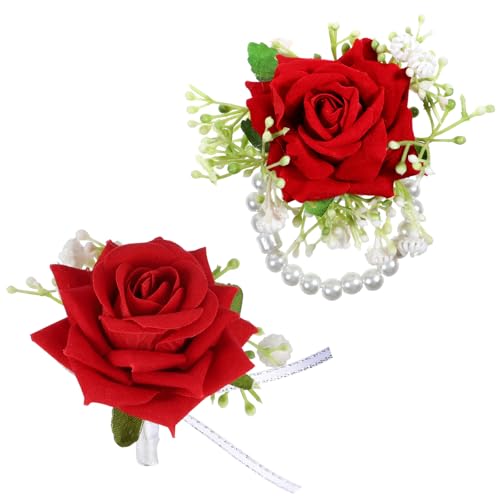 Larrel Wrist Corsages for Weddings 2 Pcs Red Corsage Wristlet Band with Pearl Corsage Bracelet Wedding Accessories for men Women Girls Bridal Bridesmaid Wedding Prom Party Suit Decoration