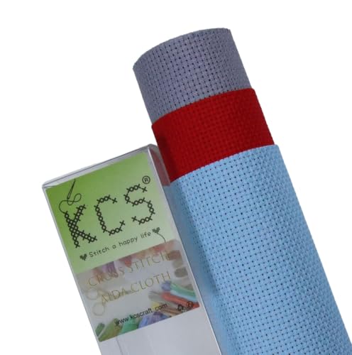 Image of KCS 3 pc of 15 inch x 18 inch(38cmx45cm) 14 Count Cross Stitch Cotton Aida Cloth Needlework Rolled Fabric Box,14CT,Light Blue+Red+Light Steel Grey