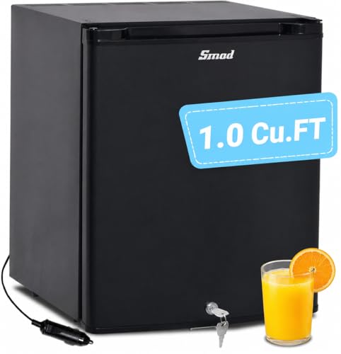 Smad Mini Fridge with Lock, Compact 12V Refrigerator 1.0 Cubic Feet 110V for Truck, Bedroom, Dorm, Office, No Noise, DC/AC, Black