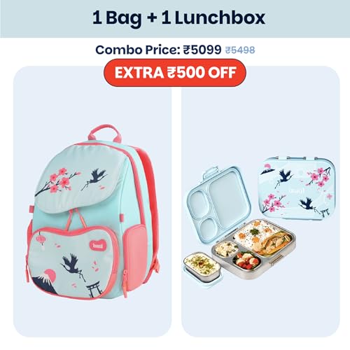Image of Basil Kids School Combo | Wander 20L Lightweight Backpack with Chest Strap + Quad Plus 1020ml Stainless Steel Lunch Box | Sakura Bloom