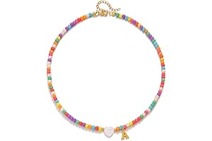 Gold Initial Necklace for Women, Bohemian Colorful Beaded Initial Necklace with Heart Shells