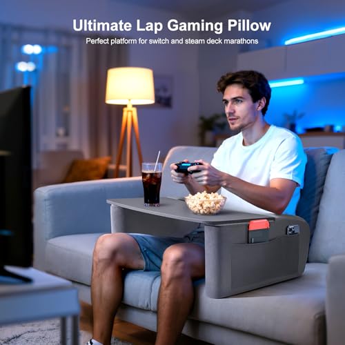 Image of OPTIXCELL Reading Pillow for Gaming with Ergonomic Arm Rests, Wooden Lap Desk for Laptop, Support Pillow with Side Pockets for Reading, Writing, Working, Gaming on Bed, Couch or Floor (Gray, Large)