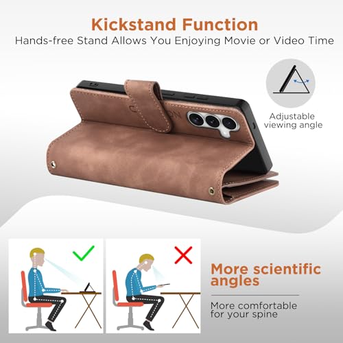 CAESBON for Samsung Galaxy S25-FE-Wallet Case: with RFID Blocking Card Slots (6 Cards) | Soft PU Leather Magnetic Snap Zipper Pocket | Crossbody Wrist Strap Protective Phone Cover - Brown by CAESBON - Used condition - Image 7
