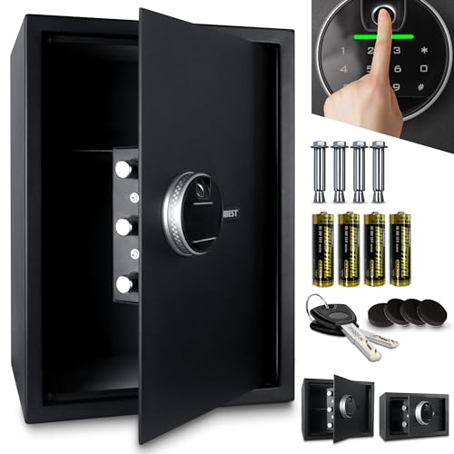 ONBEST elektr. Tresor mit Fingerabdruck, Zahlencode & Schlüssel – Safe aus Stahl mit 3 Schließbolzen – Geld, Wertsachen & Dokumente sicher verwahren – XL Möbel-safe 50x35x31cm groß (XL)