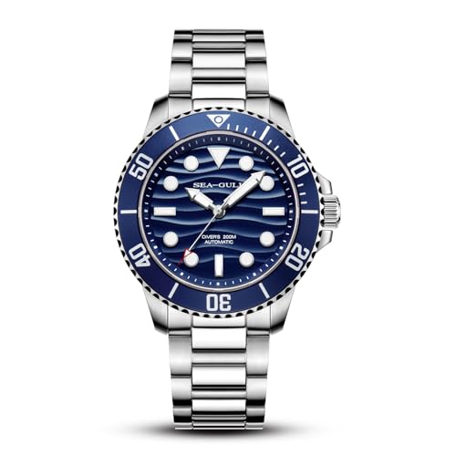 Sea Gull Reloj automático de Buceo para Hombre, Resistente al Agua de 200 m, Cristal de Zafiro, Pulsera de Acero Inoxidable 316L, Caja Trasera grabada de Pulpo