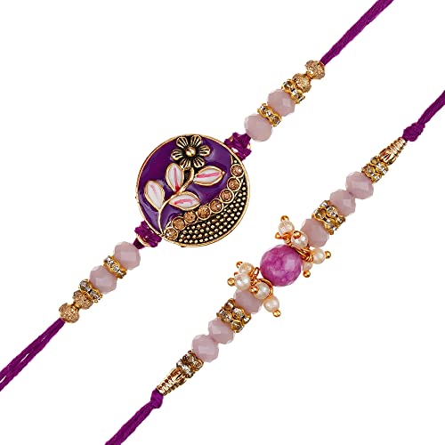Image of eCraftIndia Set of 2 Designer Rakhis for Brother with Lord Ganesha Showpiece, Best Bro Ever Fridge Magnet & Roli Chawal Pack | Purple Designer Rakhi | Raksha Bandhan Gift