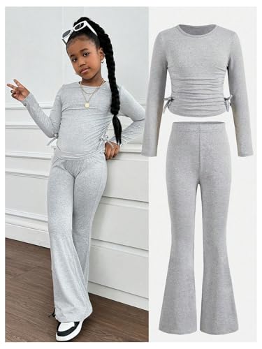 Image of Floerns Girl's Two Piece Outfit Bowknot Knit Tee Shirt with Flare Leg Pants Set