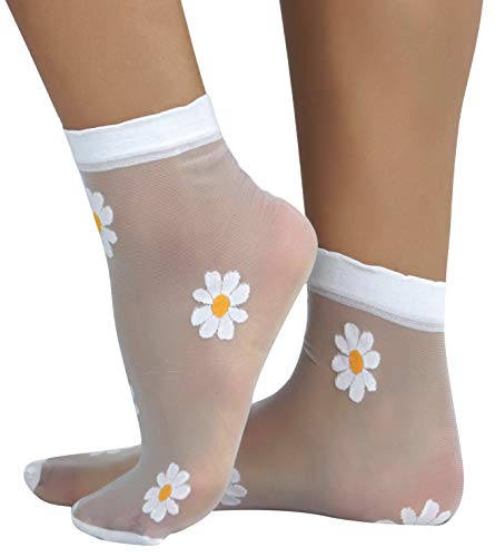 Image of ToBeInStyle Women's Sheer Fashion Ankle Socks & Pantyhose w /Springtime Daisy Design