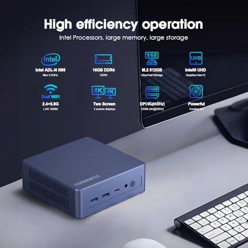 Image of Mini PC, Micro PC 16GB RAM 512GB SSD | Intel 12th N95 (up to 3.4GHz) Mini Computer W11 Pro, USB3.0, Small Desktop PC N95 Support 4K UHD Dual HDMI, BT5.1, Dual Band WiFi