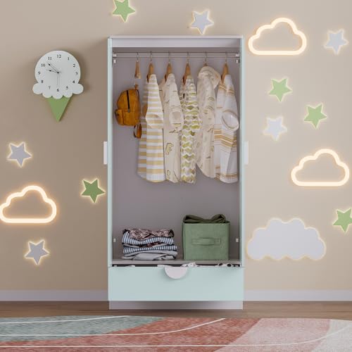 Miniatura 5 de En.Casa Armario Ropero Infantil Sandnes Con Cajón Y Barra Para Colgar Armario Infantil Para Ropa Accesorios 2 Puertas Con Tiradores 123 X 60 X 40 Cm - Blanco Verde Menta