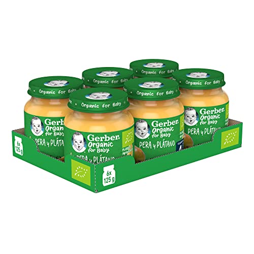 GERBER Organic Pera y Plátano, Tarrito Puré para Bebés, 6x125g,a partir de 4 meses