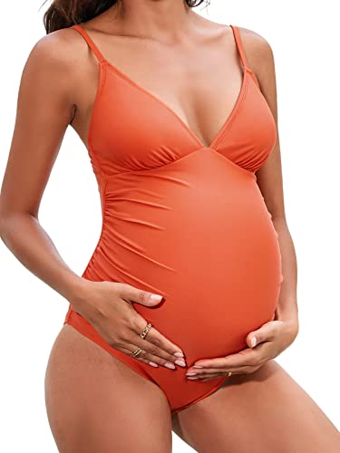 CUPSHE Traje de baño de maternidad para mujer, traje de baño de una pieza, traje de baño de embarazo, tirantes delgados, fruncido, ajustable, Naranja, Large