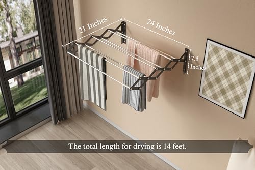 Image of UNOBRIGHT Foldable Wall Mounted Clothes Drying Stand | Heavy Duty Rust Free Stainless Steel Multi Rod Laundry Rack | 2 Feet, 7 Rods | Space Saving for Balcony, Bathroom & Laundry Room