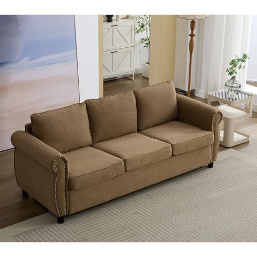 Image of Modern 3 Seat Sofa Couches with Pull Out Queen Memory Mattress Sleeper Bed, 2-in-1 Convertible 3 Seater Sofa Couch W /Rivet Decor and Scroll Armrests for Home Apartment