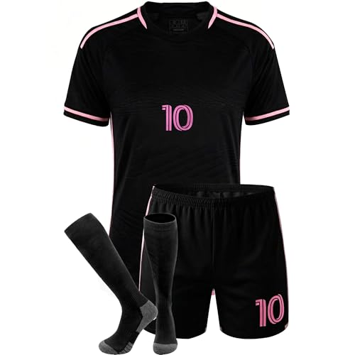 Boys 3-Piece Soccer Set Short Sleeve Tee Jersey Shorts & Socks Loose Fit Kids Outfit (US Age 6 Years 7 Years Black)