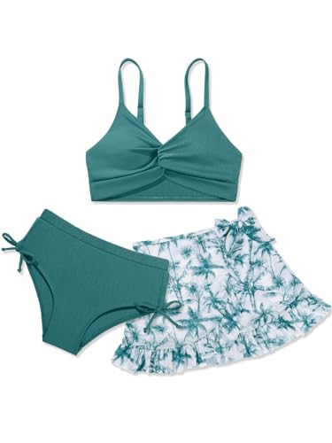 Image of ESHOO Girls Swimsuit V Neck Twist Cross Bikini Sets with Hawaiian Cover Up Skirt 3Pcs Bathing Suits Girls Swimwear 7-14T