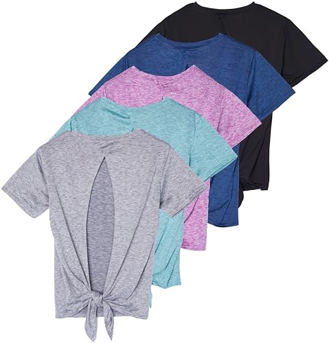 Real Essentials 5 Pack: Women's Short Sleeve Open Back Tie Back Dry-Fit T-Shirt Yoga Gym Workout Top