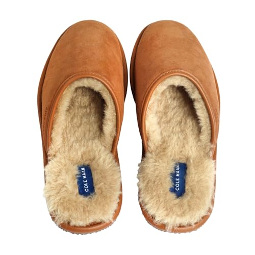 Cole Haan Cole Haan Men’s Suede Scuff Slippers - Soft Lined Backless Slip-On Indoor Shoes, Cushioned Footbed, Durable Sole, Polished Edge, British Tan, 11