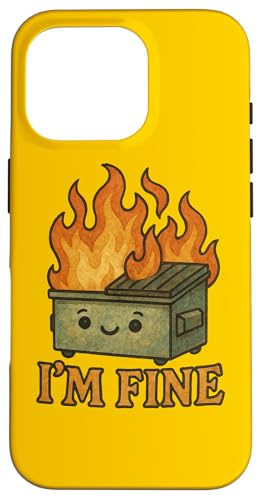 I'm Fine Dumpster Fire アートワーク かわいいごみ箱 ファイヤーアート スマホケース iPhone 16 Pro 用