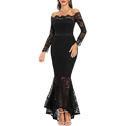 LALAGEN Women's Floral Lace Long Sleeve Off Shoulder Wedding Mermaid Dress Black XXL Cover