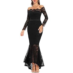 LALAGEN-Womens-Floral-Lace-Long-Sleeve-Off-Shoulder-Wedding-Mermaid-Dress LALAGEN Women's Floral Lace Long Sleeve Off Shoulder Wedding Mermaid Dress Black XL